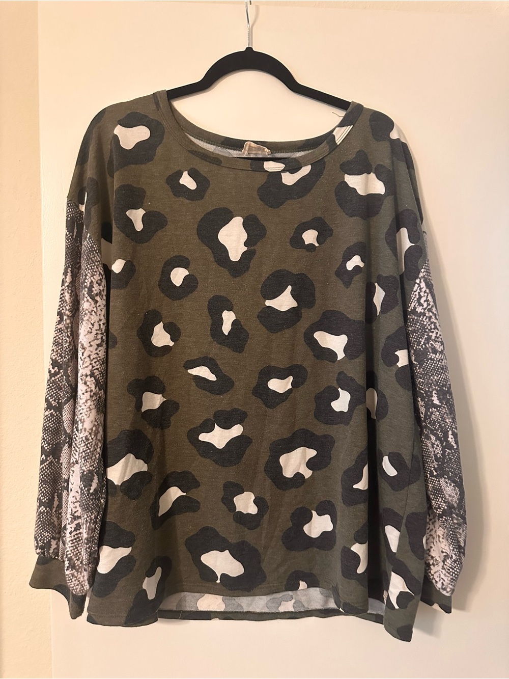 BiBi Olive Leopard Print Top with Snake-Print Sleeves
